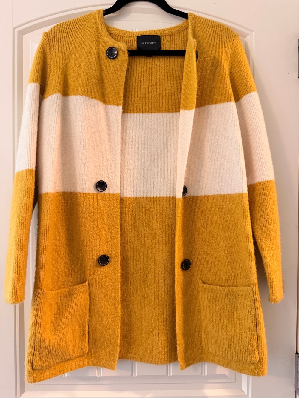 Lee Fee Verte Anthropologie Mustard & Cream Striped Knit Coat
